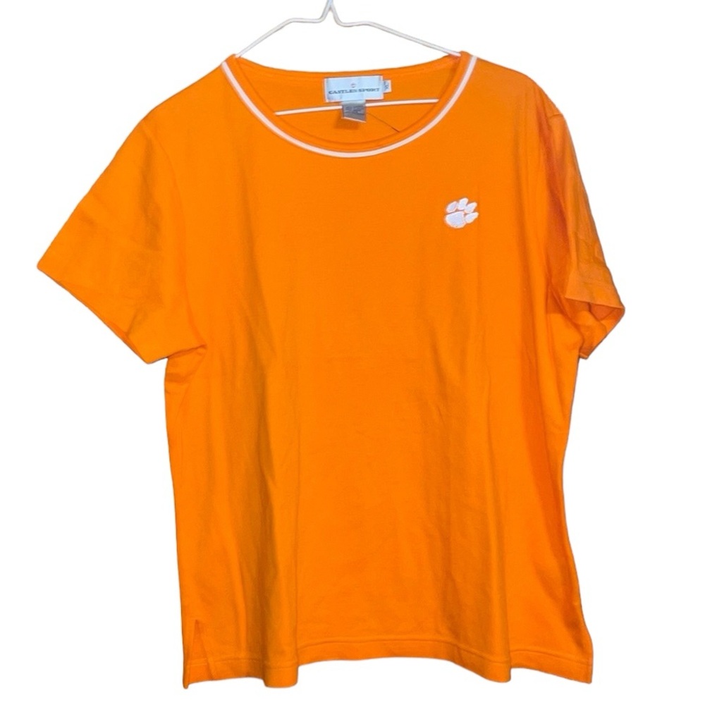 •CASTLES SPORT•ORANGE WITH WHITE NECK TRIM EMBROIDERED CLEMSON TIGER PAW SIZE XL